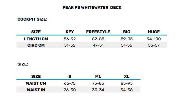 PEAK PS WHITEWATER DECK 0 Size Chart